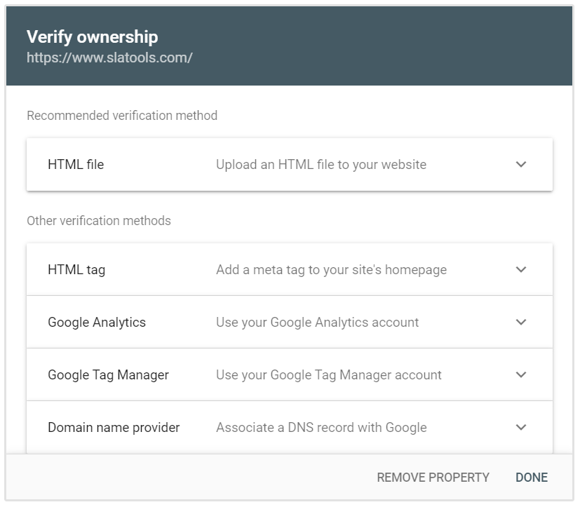 URL-Verifizierungsoptionen Google Search Console